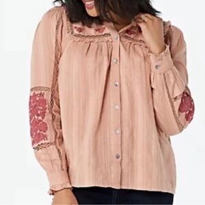 Logo Lavish Textured Woven Embroidered boho Top ROSE PEARL Boho Loose Fit